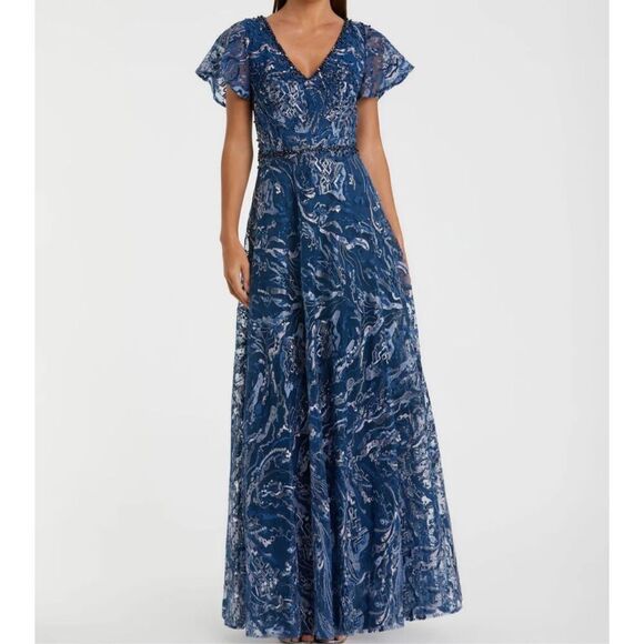 Mac Duggal Women's Embellished Illusion Butterfly Sleeve A-Line Gown size 8 NWT - Picture 1 of 9